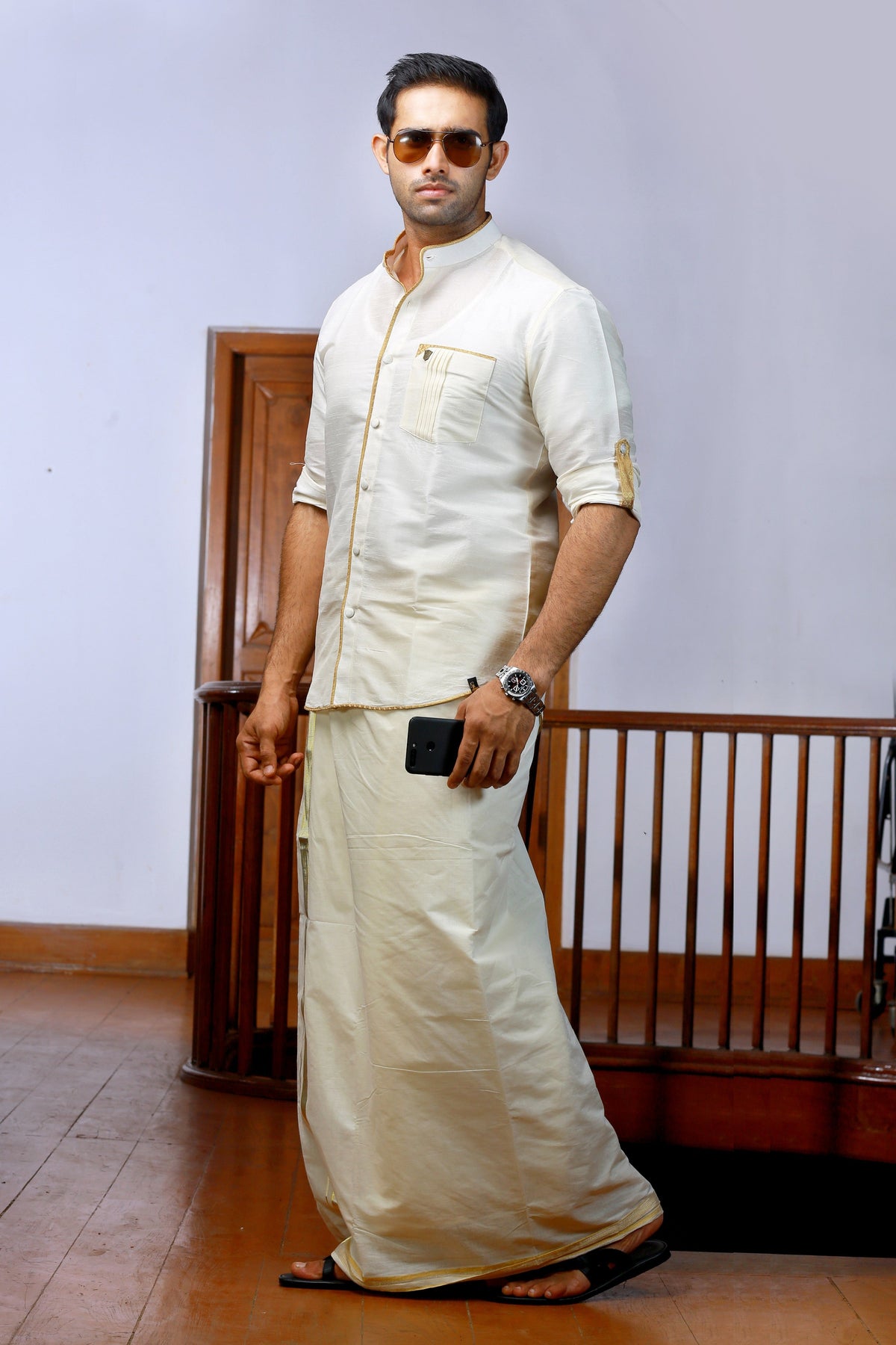 Off White Plain Silk Chinese Collar Shirt with Gold Zari Detailing (Shirt + Kasavu Munde )