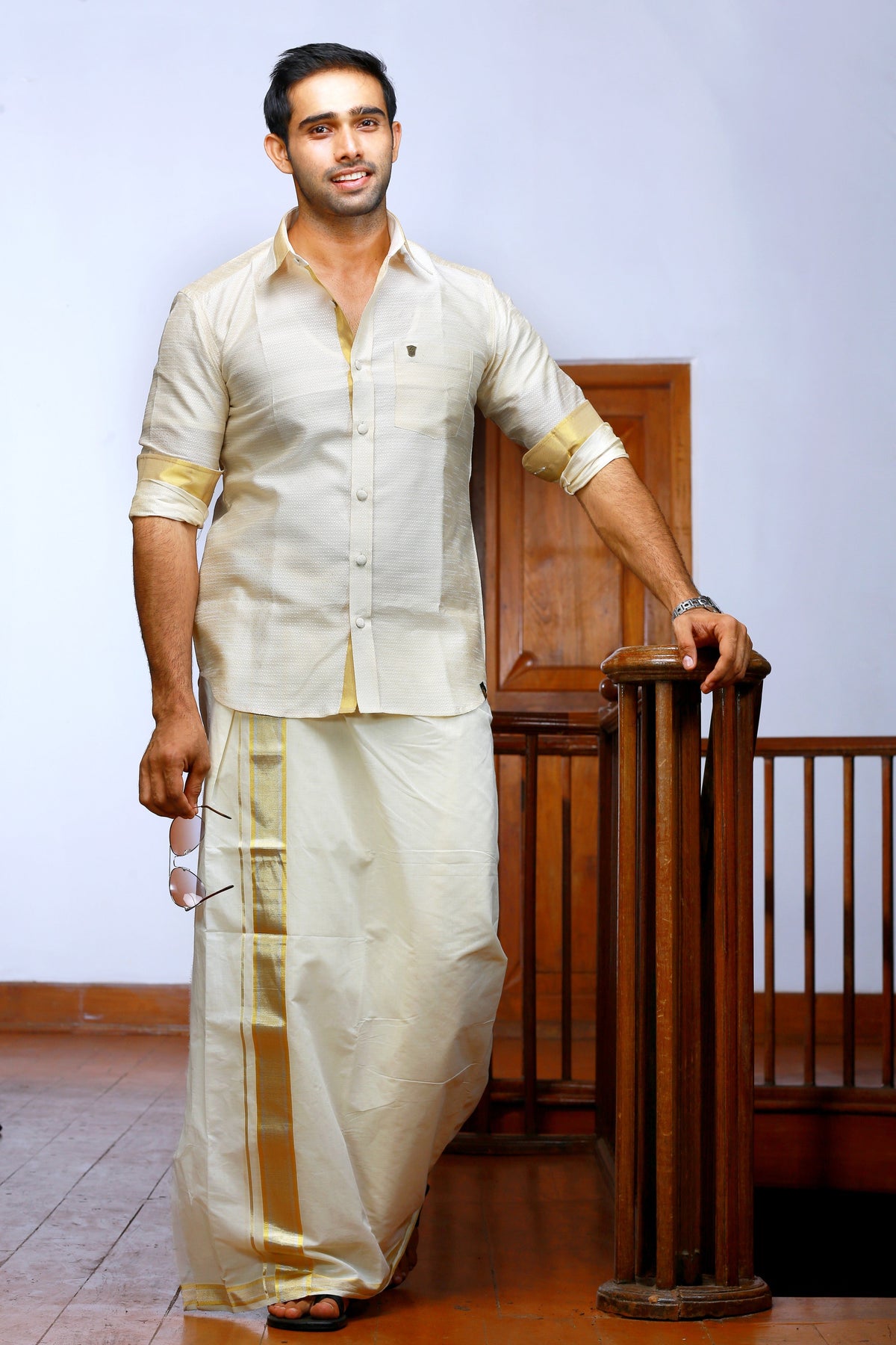 Off White Dotted Silk Cutaway Collar Shirt with Gold Zari Detailing (Shirt + Kasavu Munde )