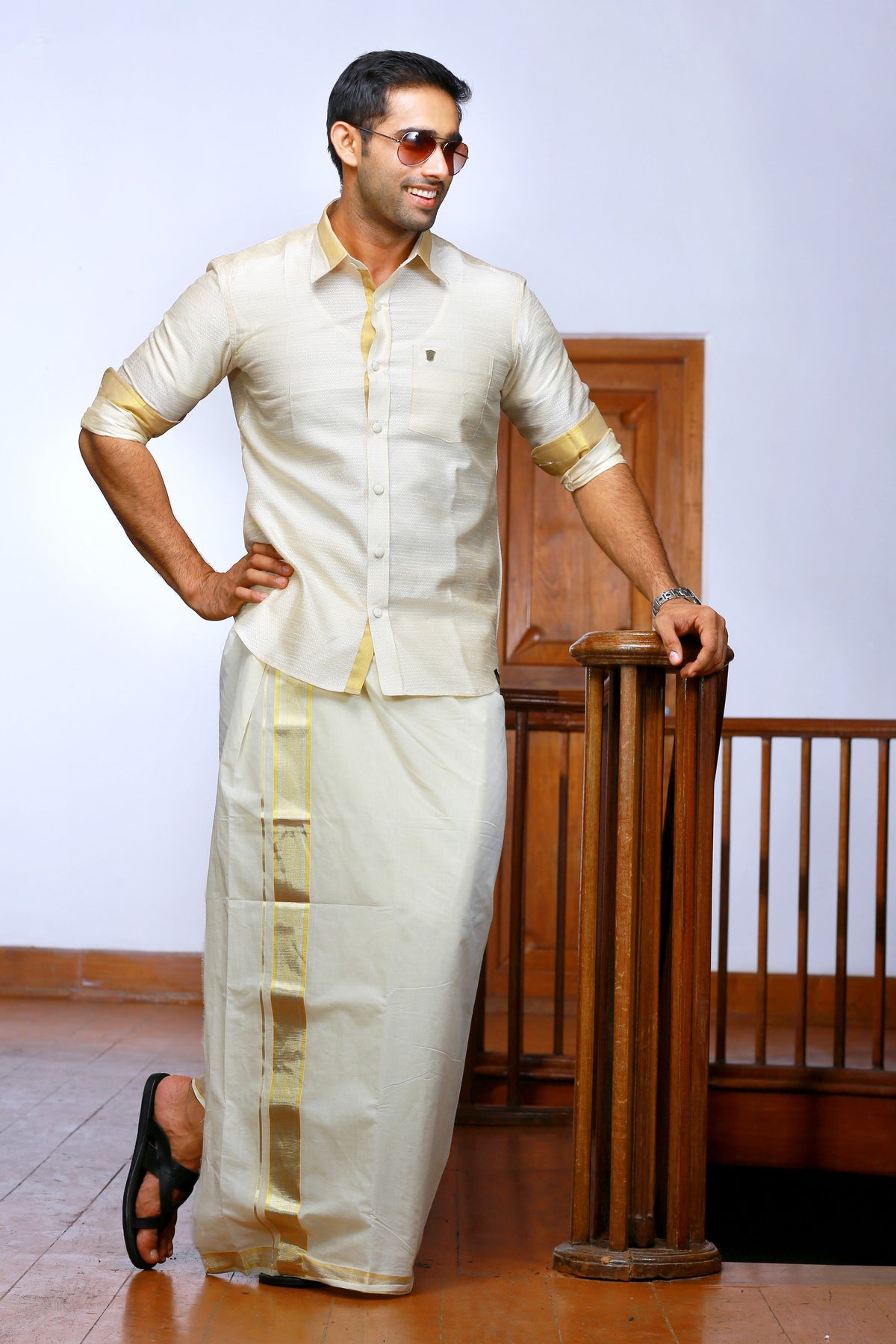 Off White Dotted Silk Cutaway Collar Shirt with Gold Zari Detailing (Shirt + Kasavu Munde )