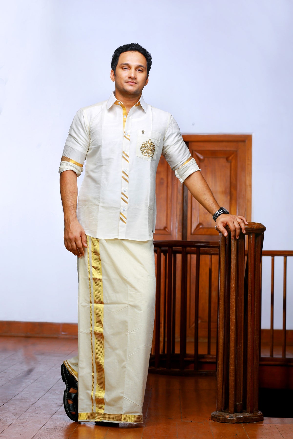 Off White Plain Silk Chinese Collar Shirt with Gold Zari Detailing & Hand Embroidery on Pocket  (Shirt + Kasavu Munde )