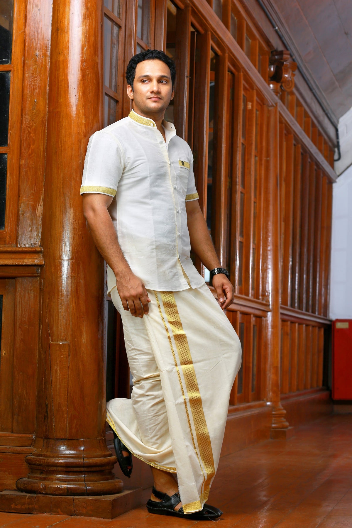 Off White Plain Silk Chinese Collar Shirt with Gold Zari Pleat Detailing (Shirt + Kasavu Munde )