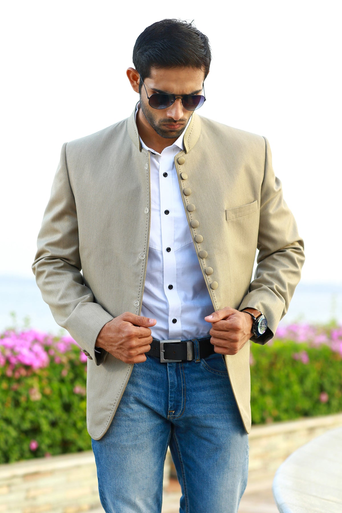 Ecru Beige Indo Western Bandhgala Suit with Stitch Detail (Only Jacket)