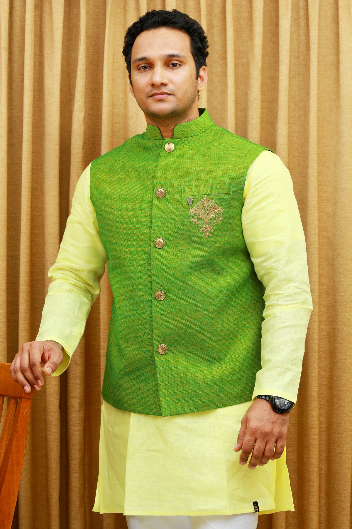 Lime Green Linen Nehru Jacket with Pastel Yellow Linen Kurta & White Silk Bottom (Set of 3)