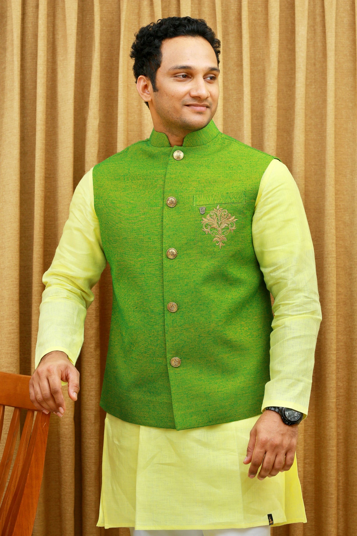 Lime Green Linen Nehru Jacket with Pastel Yellow Linen Kurta & White Silk Bottom (Set of 3)