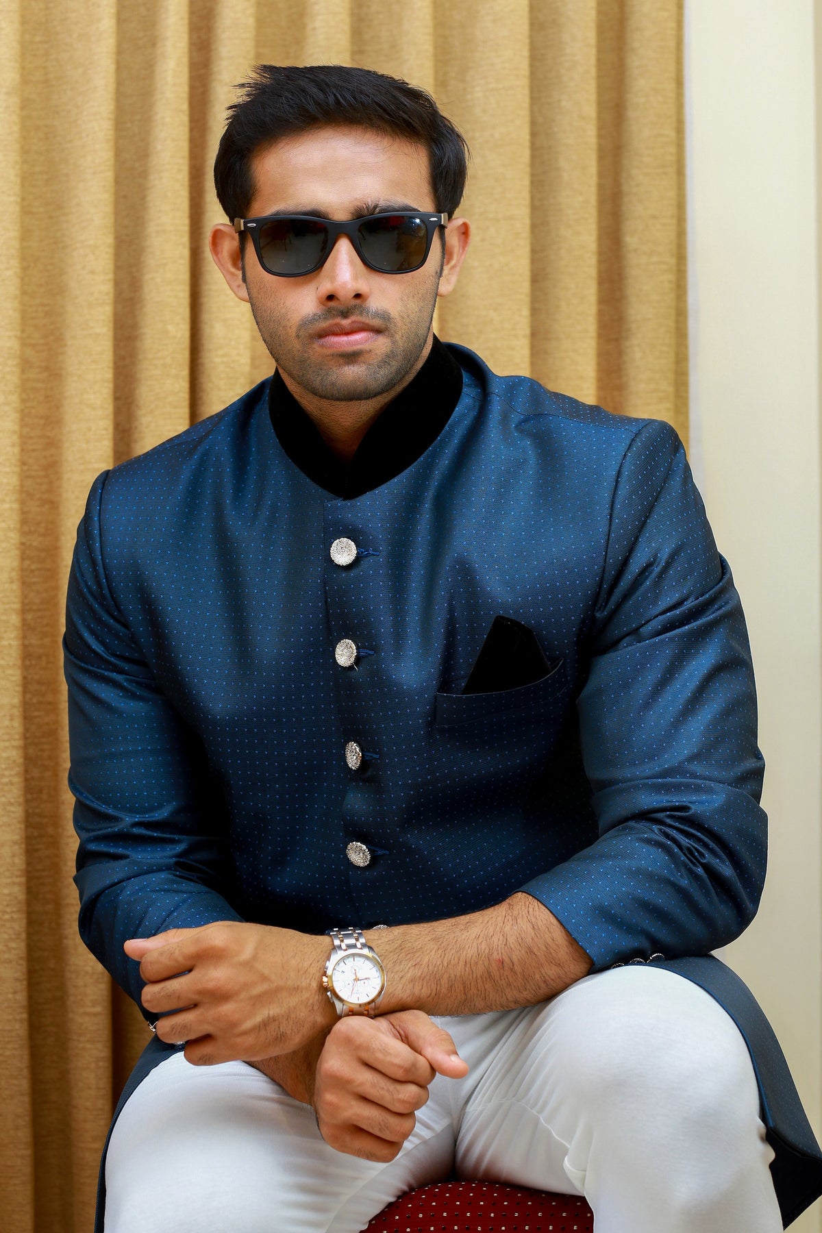 Dotted Oxford Blue Indo Western Slim Achkan Suit  paired with White Narrow Pants (Set of 2)