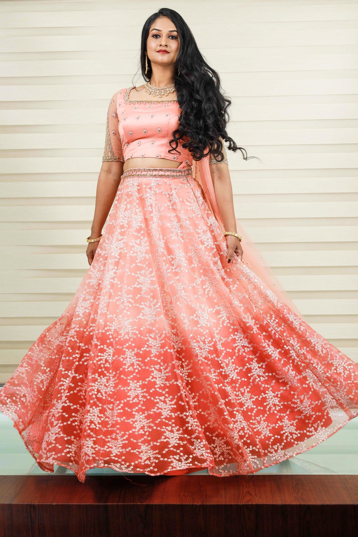 Ombre Tulle Lehenga with Zardozi &  Cut Bead Detailing