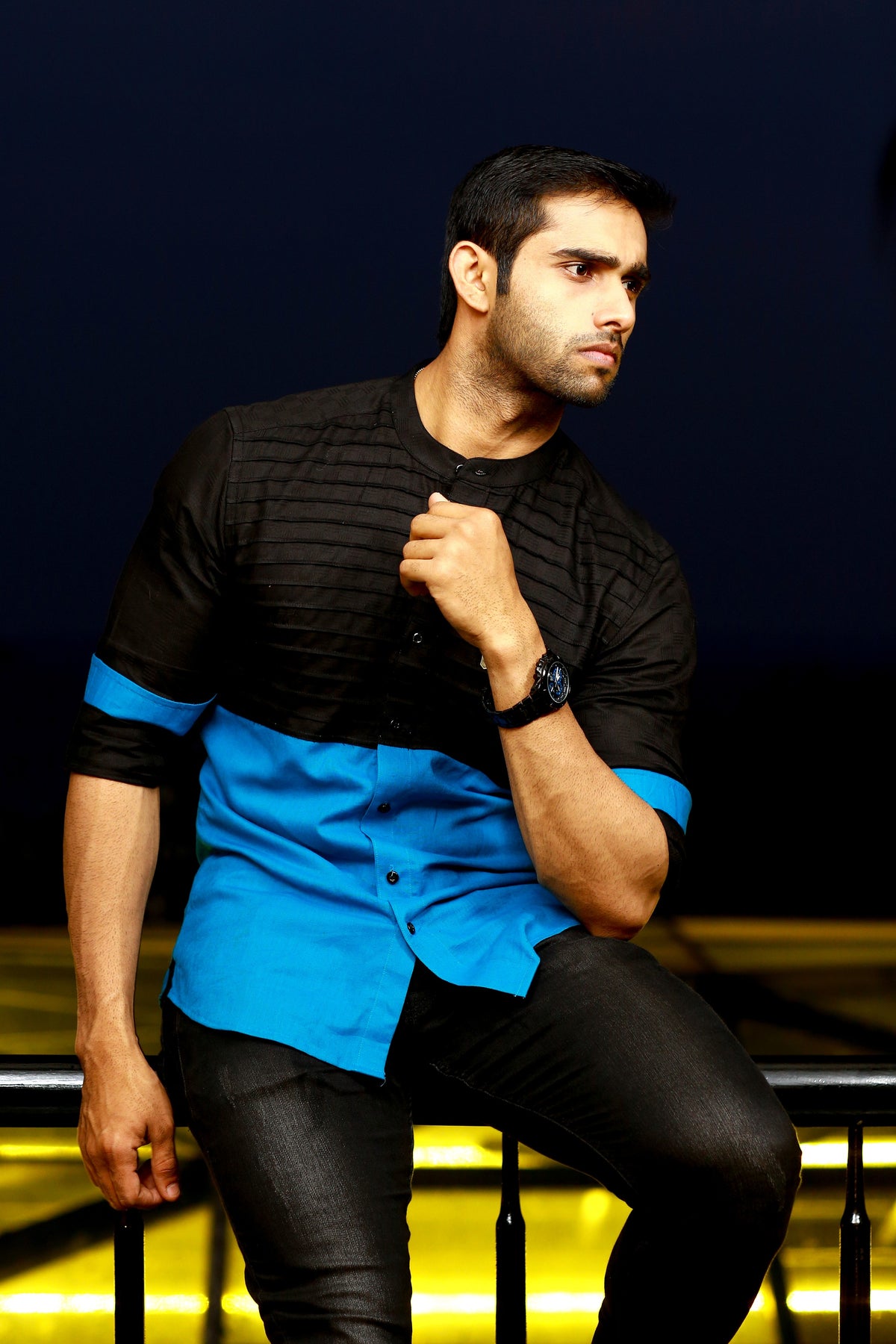 Jet Black Irish Linen Shirt with contrast pattern Detailing in  Azure Blue  (Only Shirt)