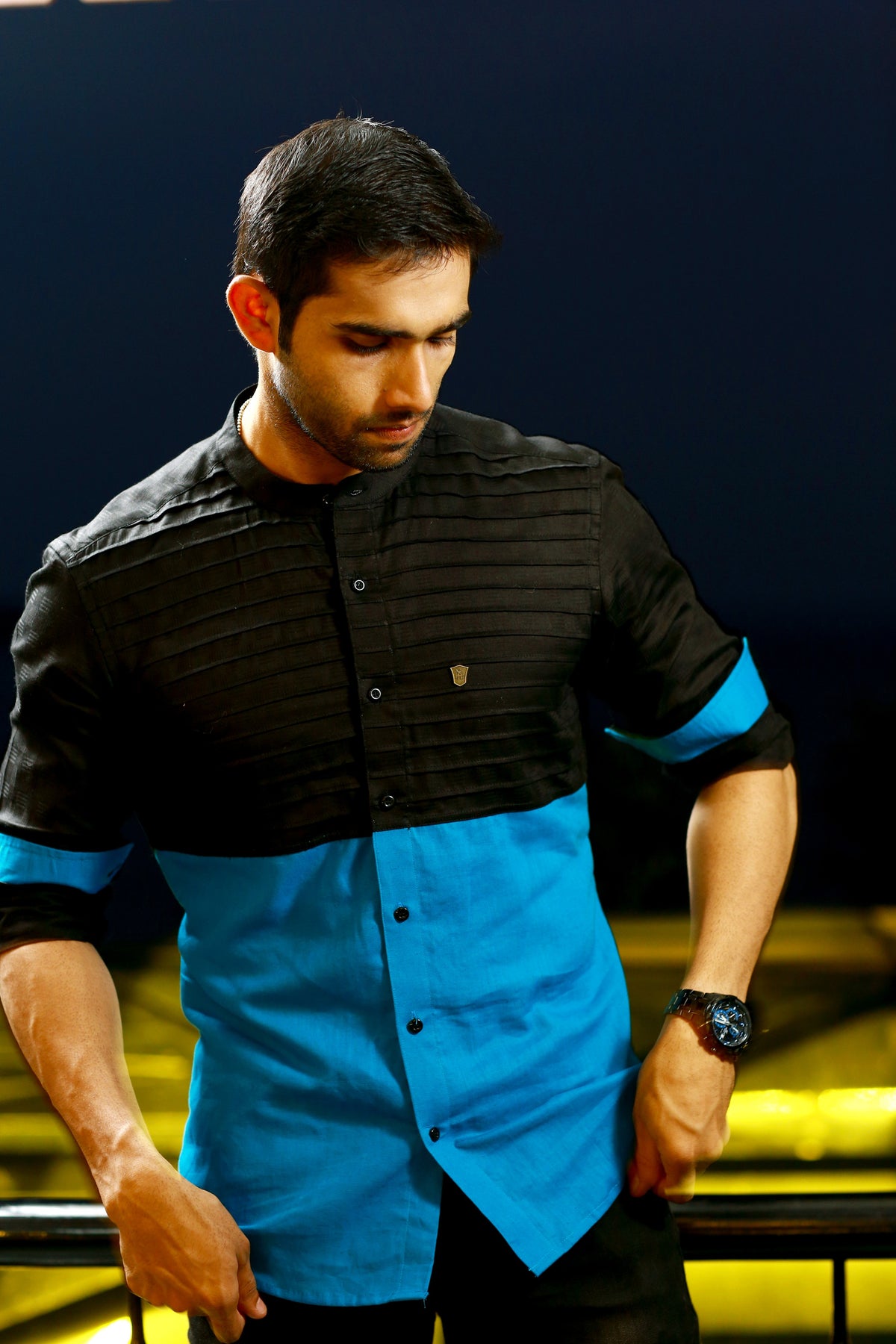 Jet Black Irish Linen Shirt with contrast pattern Detailing in  Azure Blue  (Only Shirt)