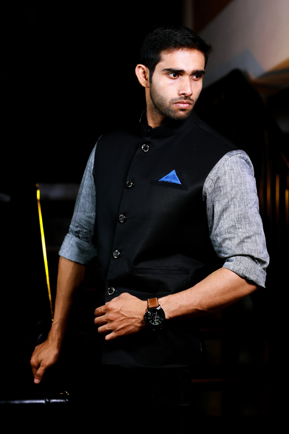 Grey Linen Shirt with Black Suiting  Nehru Jacket Set (Set of 3)