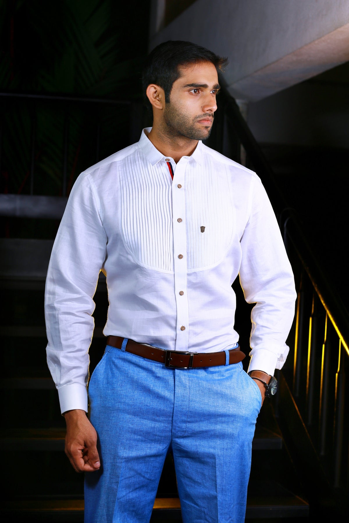 Dove White Vertical Pleated Pattern Linen Shirt (Only Shirt)