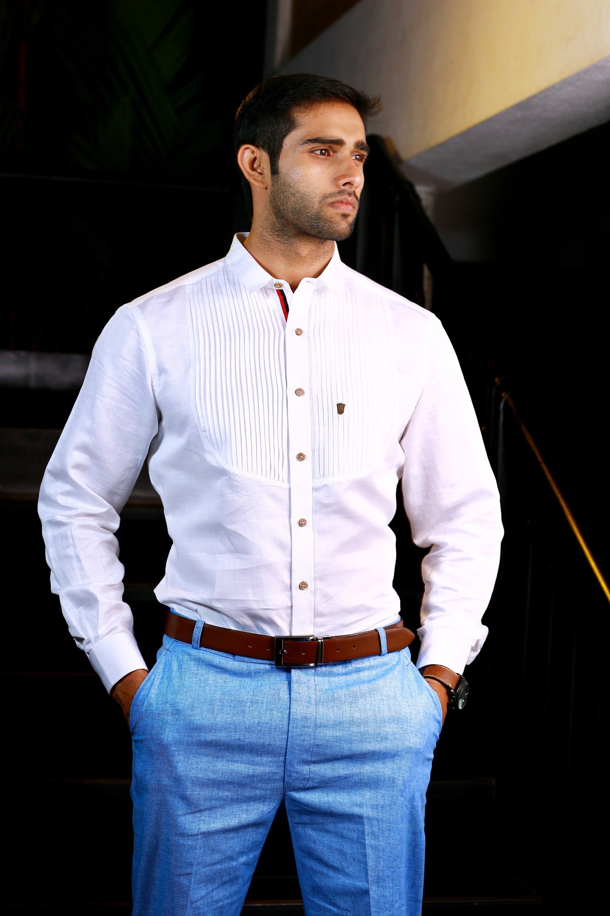 Dove White Vertical Pleated Pattern Linen Shirt (Only Shirt)