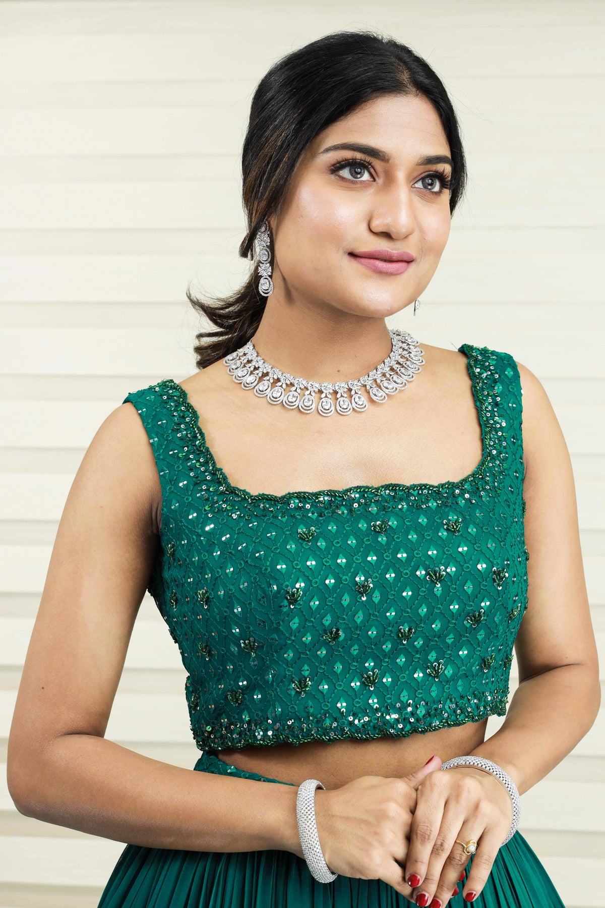 Castleton Green Lehenga with Mirror Work & Resham  Handwork Detailing