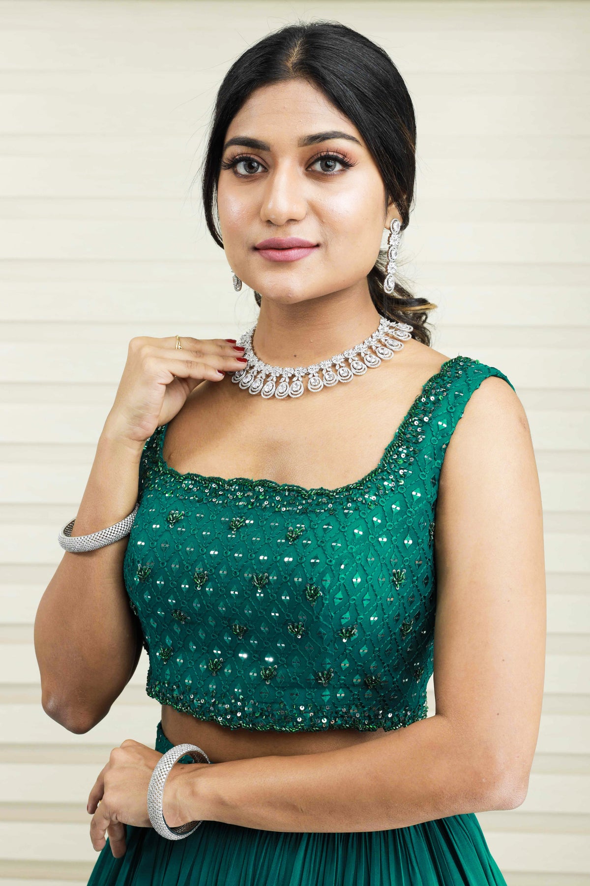 Castleton Green Lehenga with Mirror Work & Resham  Handwork Detailing