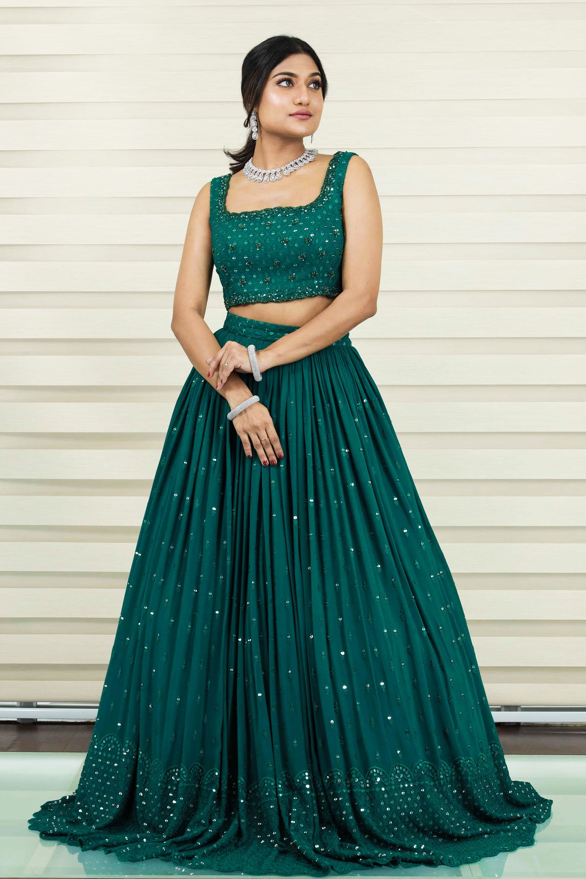 Castleton Green Lehenga with Mirror Work & Resham  Handwork Detailing
