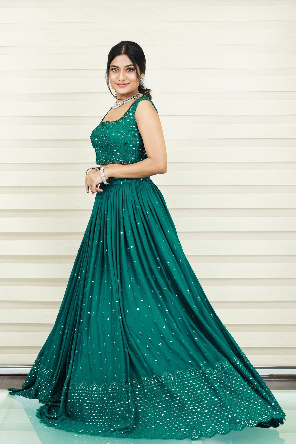 Castleton Green Lehenga with Mirror Work & Resham  Handwork Detailing