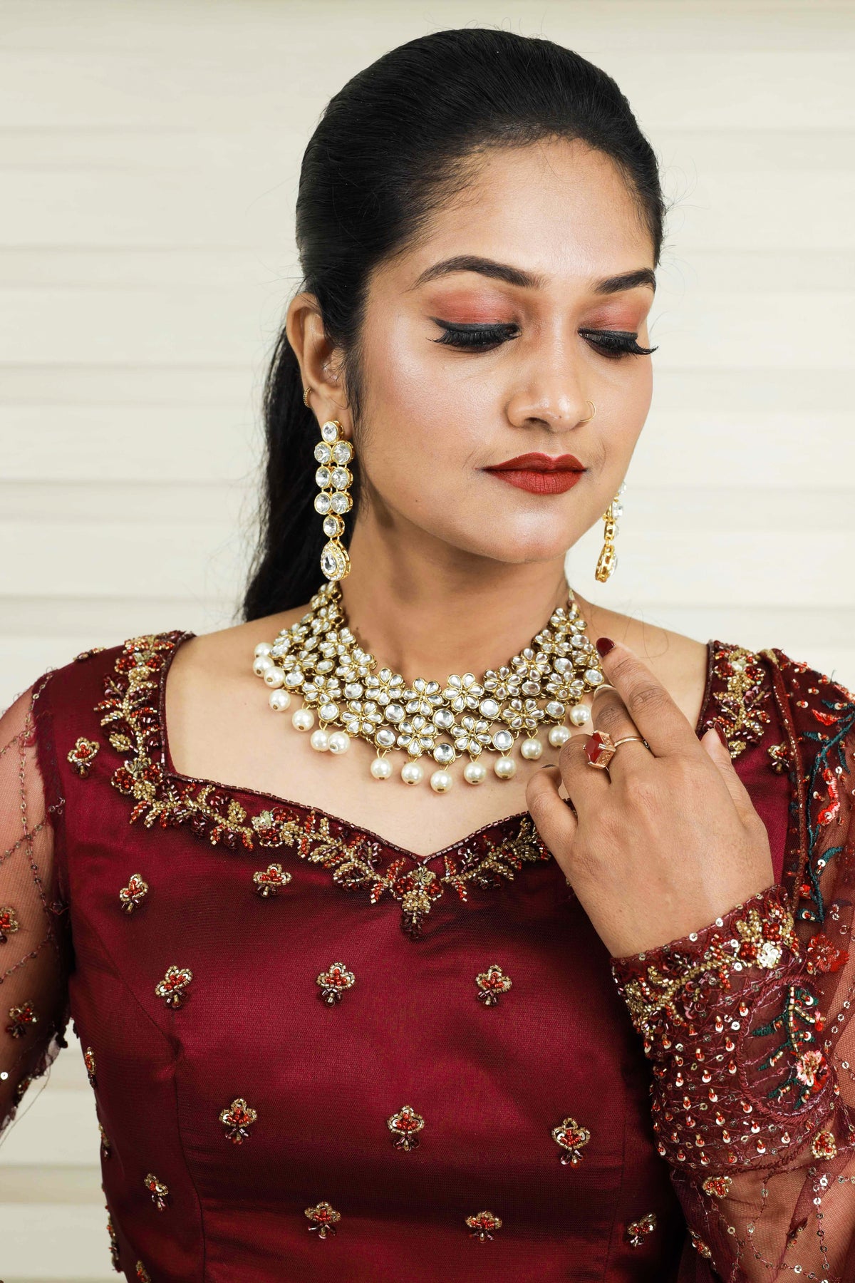 Wine Red Wide Sweet Heart Neck Lehenga Detailed with Muliti Color French Knots & Zardozi