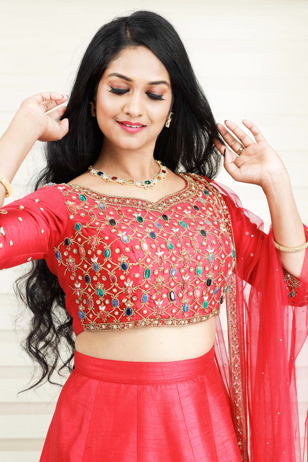 Scarlet Red Lehenga Detailed with Multi Tone Pearls & Golden Zardozi