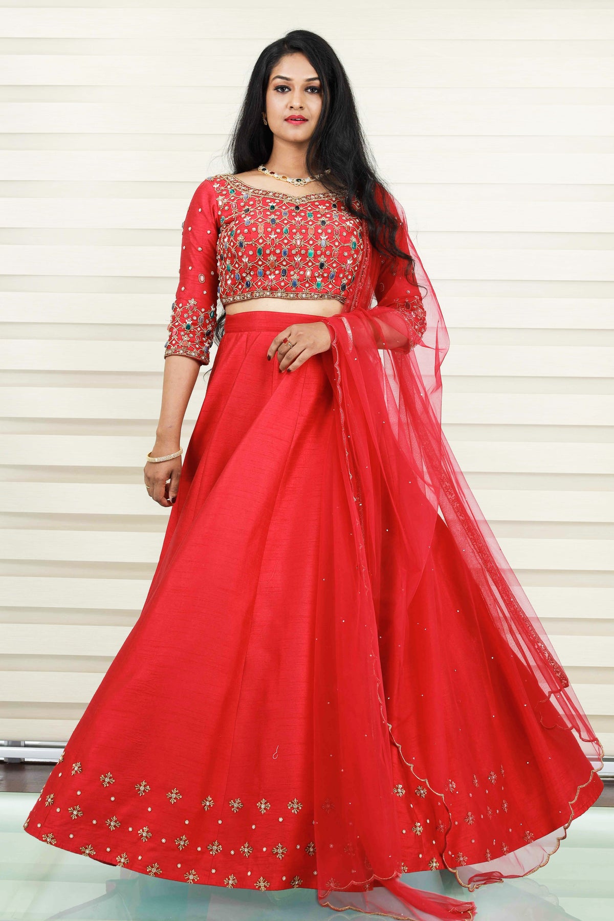 Scarlet Red Lehenga Detailed with Multi Tone Pearls & Golden Zardozi