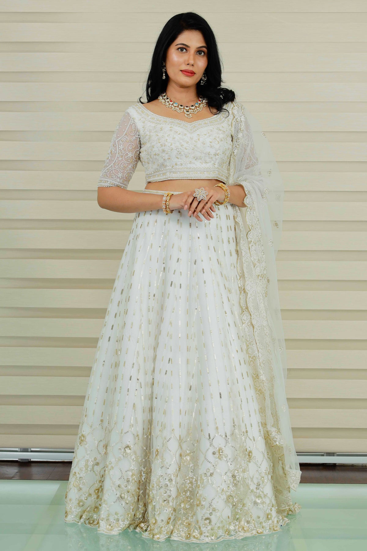 Ivory White Lehenga Detailed in Opal Pearls & Jaipuri Beads