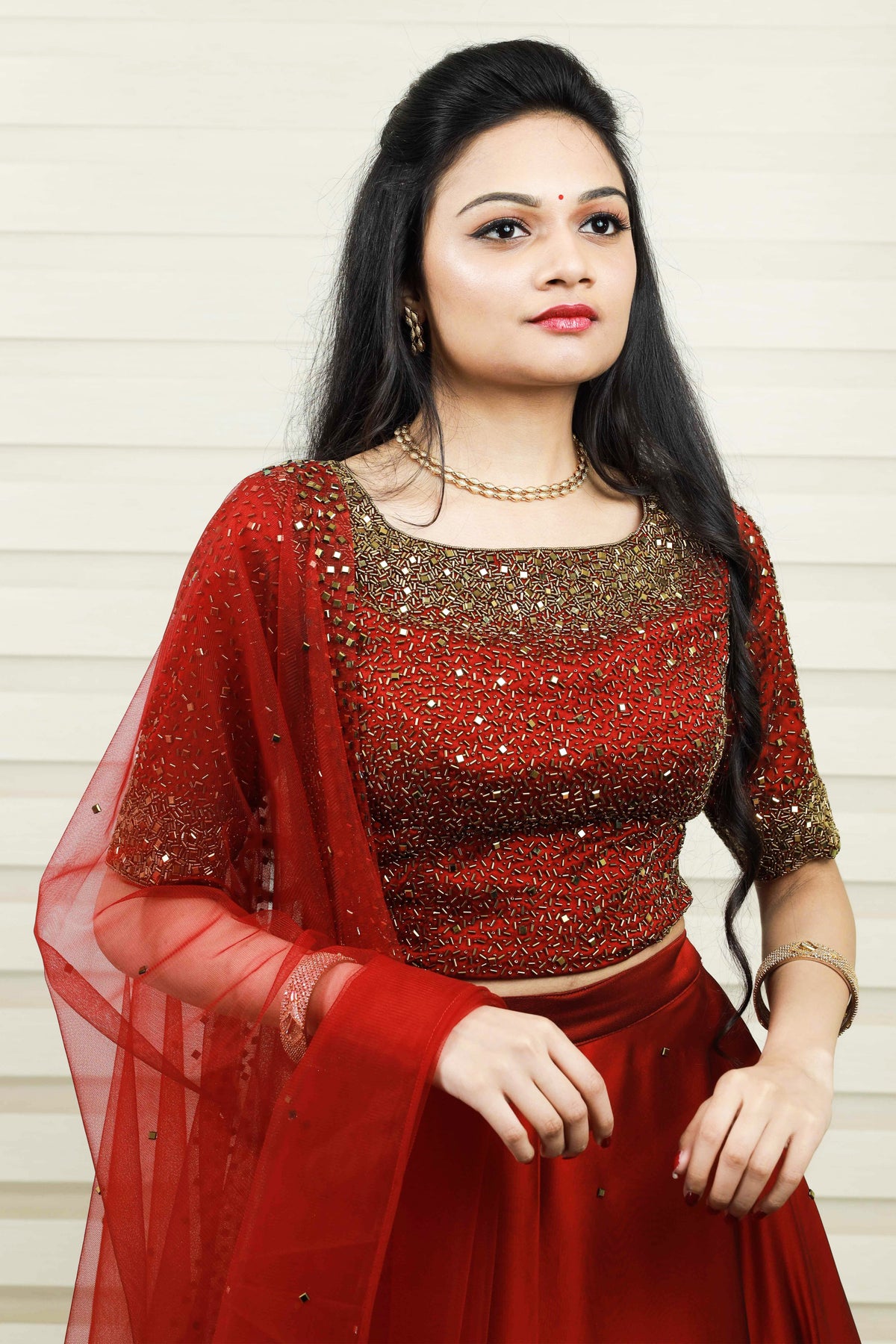 Heavy Ruby Red Lehenga with Cut Bead Embroidery & Real Mirror Highlights