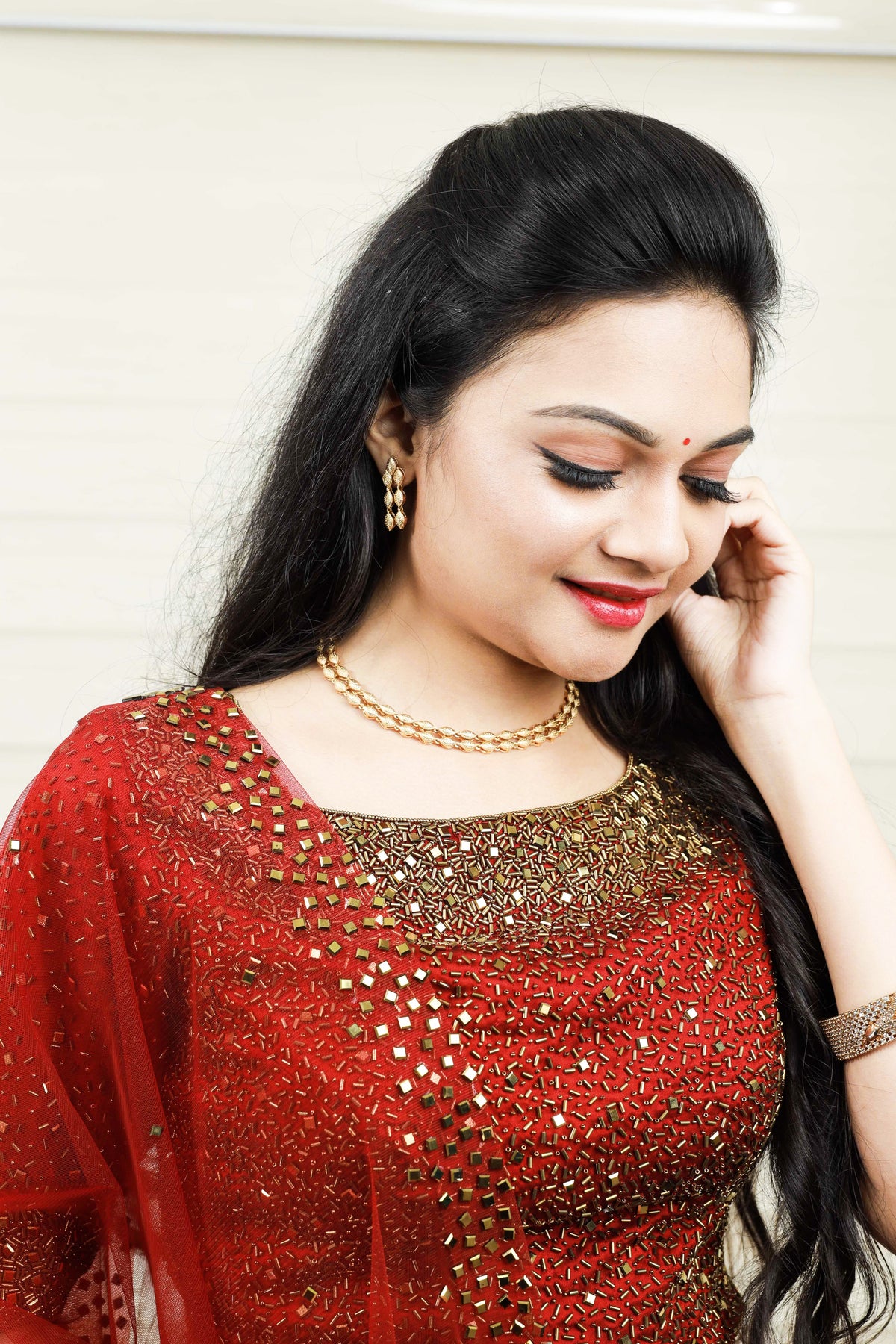 Heavy Ruby Red Lehenga with Cut Bead Embroidery & Real Mirror Highlights