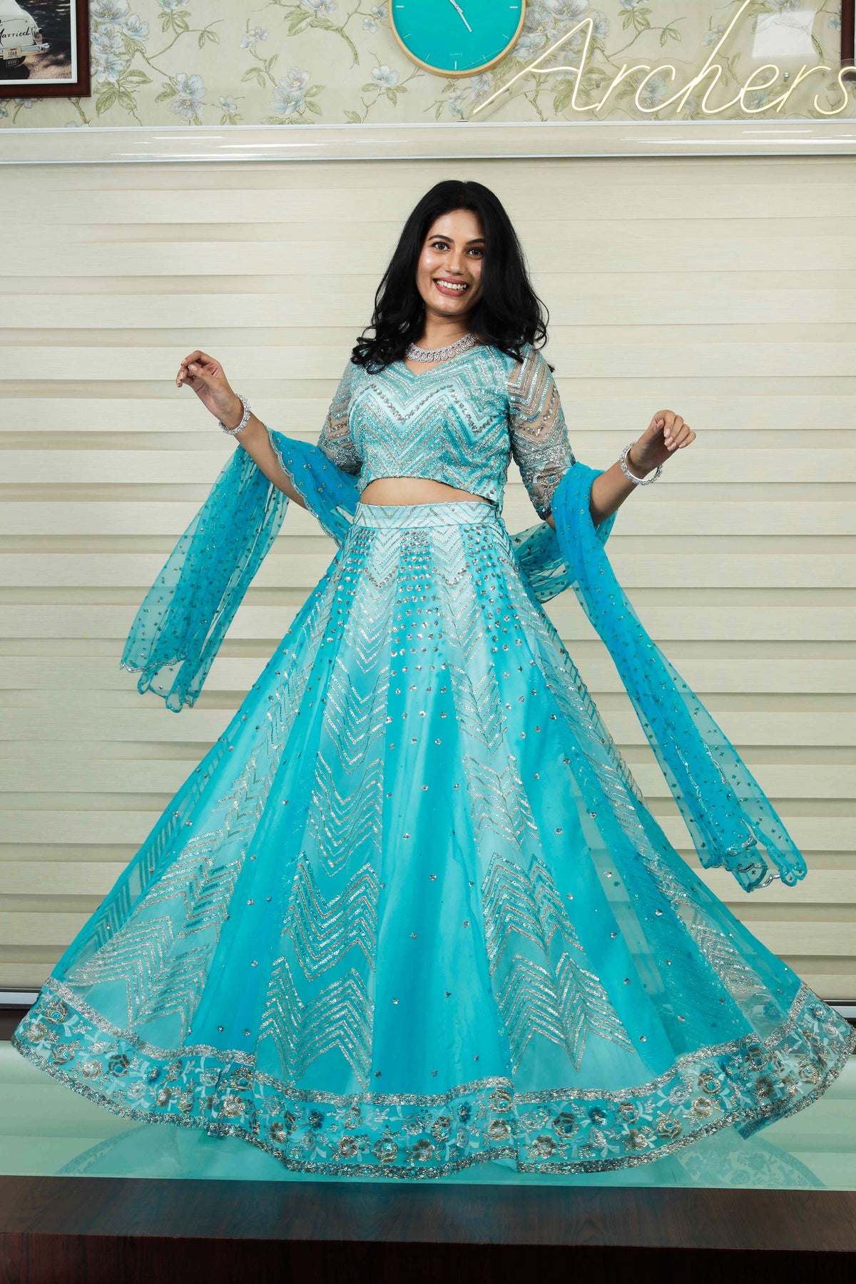 Electric Blue Lehenga Detailed in Gold & Silver Metalic Sequence Work