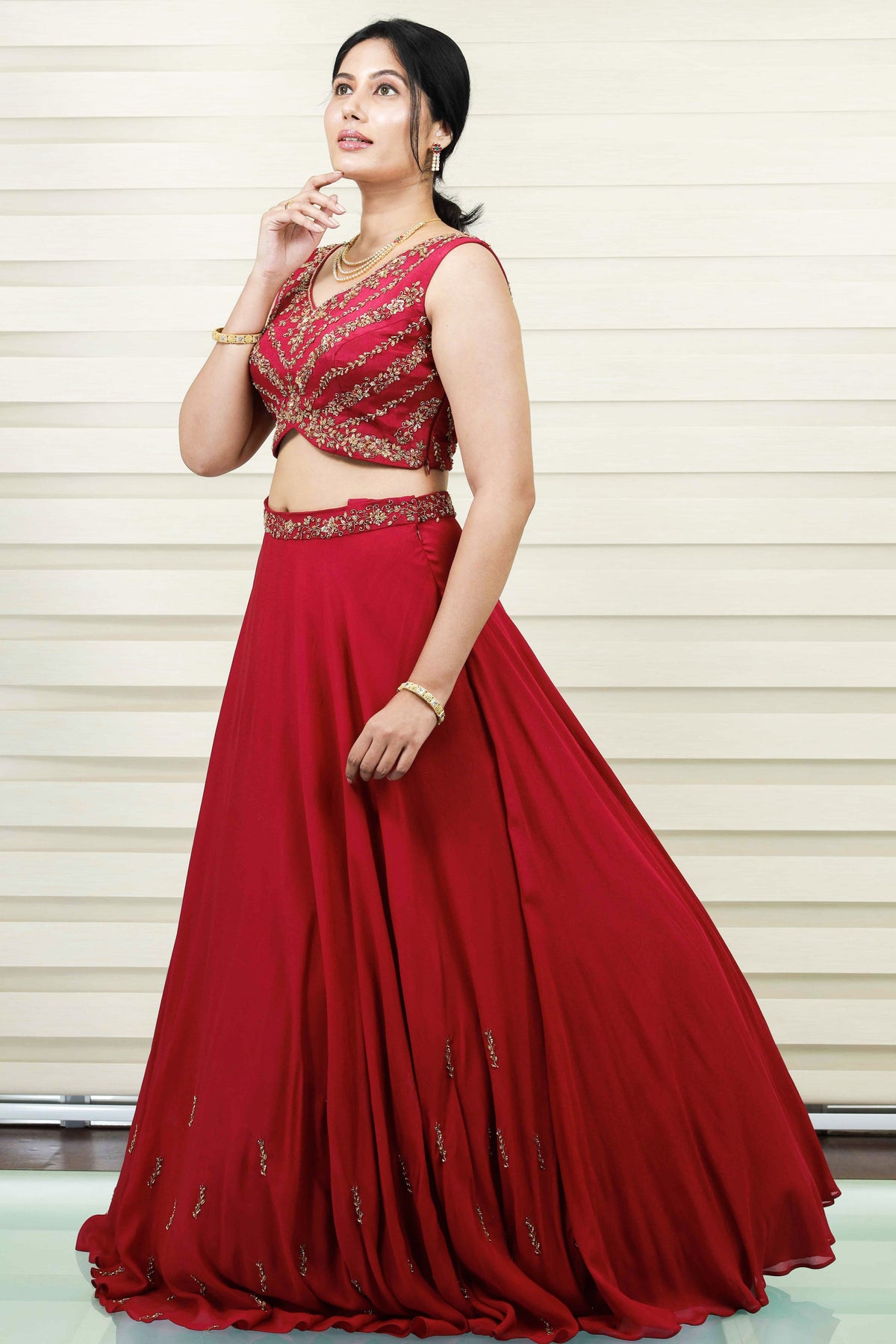 Currant Red Lehenga Detailed in Golden Floral Zardozi & Bead Work