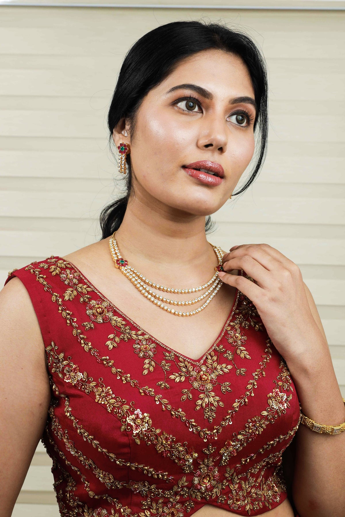 Currant Red Lehenga Detailed in Golden Floral Zardozi & Bead Work