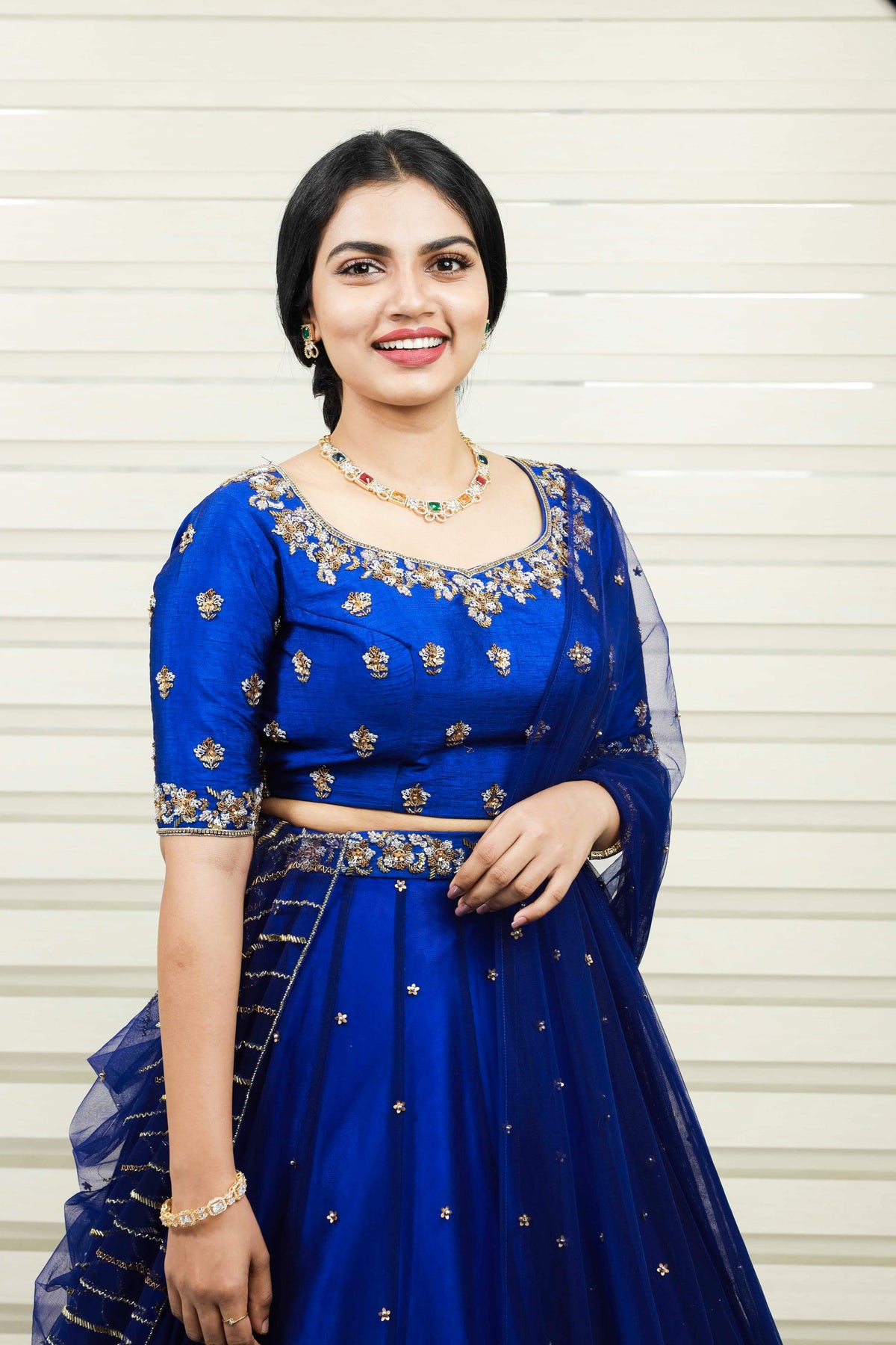 Azure Blue Sweet Heart Neck  Raw Silk Lehenga Detailed with Zardozi & Sequence Handwork