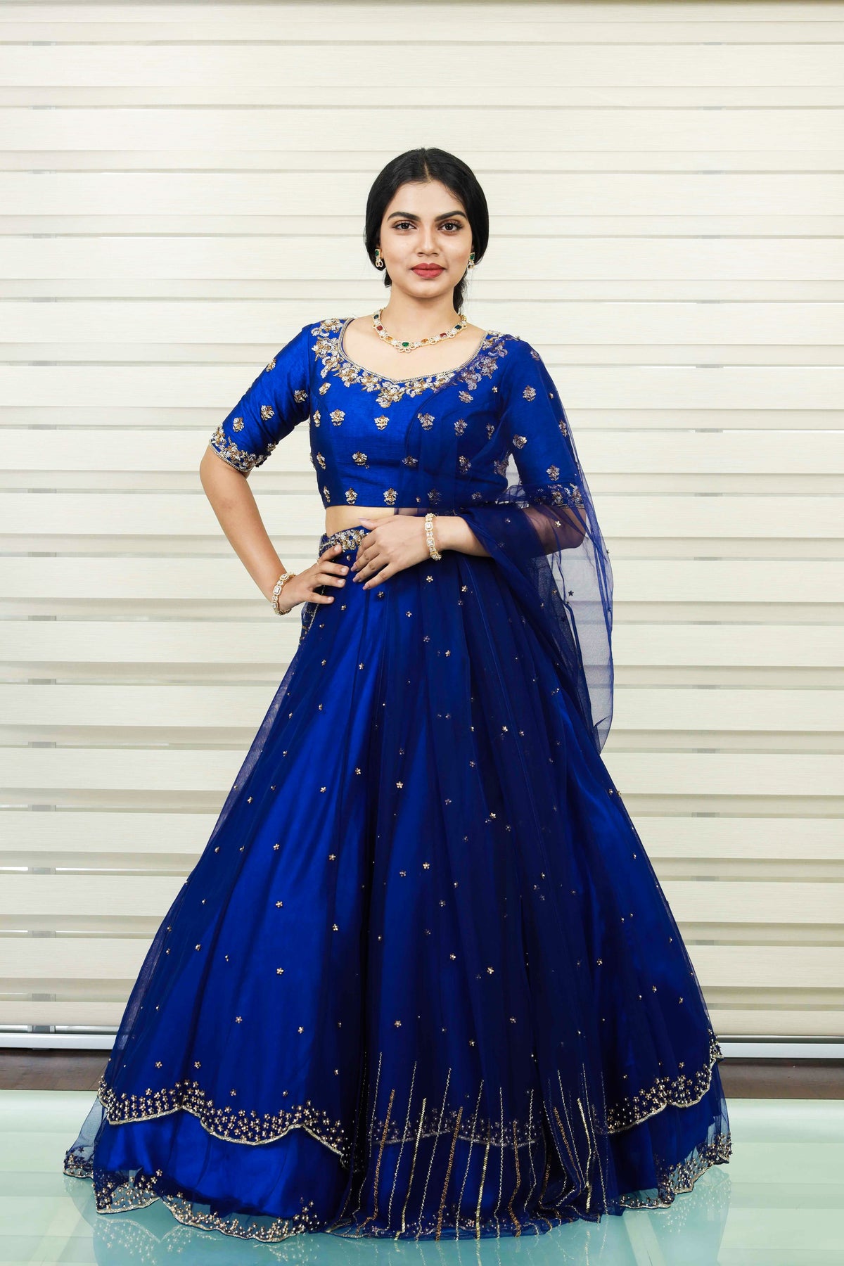 Azure Blue Sweet Heart Neck  Raw Silk Lehenga Detailed with Zardozi & Sequence Handwork