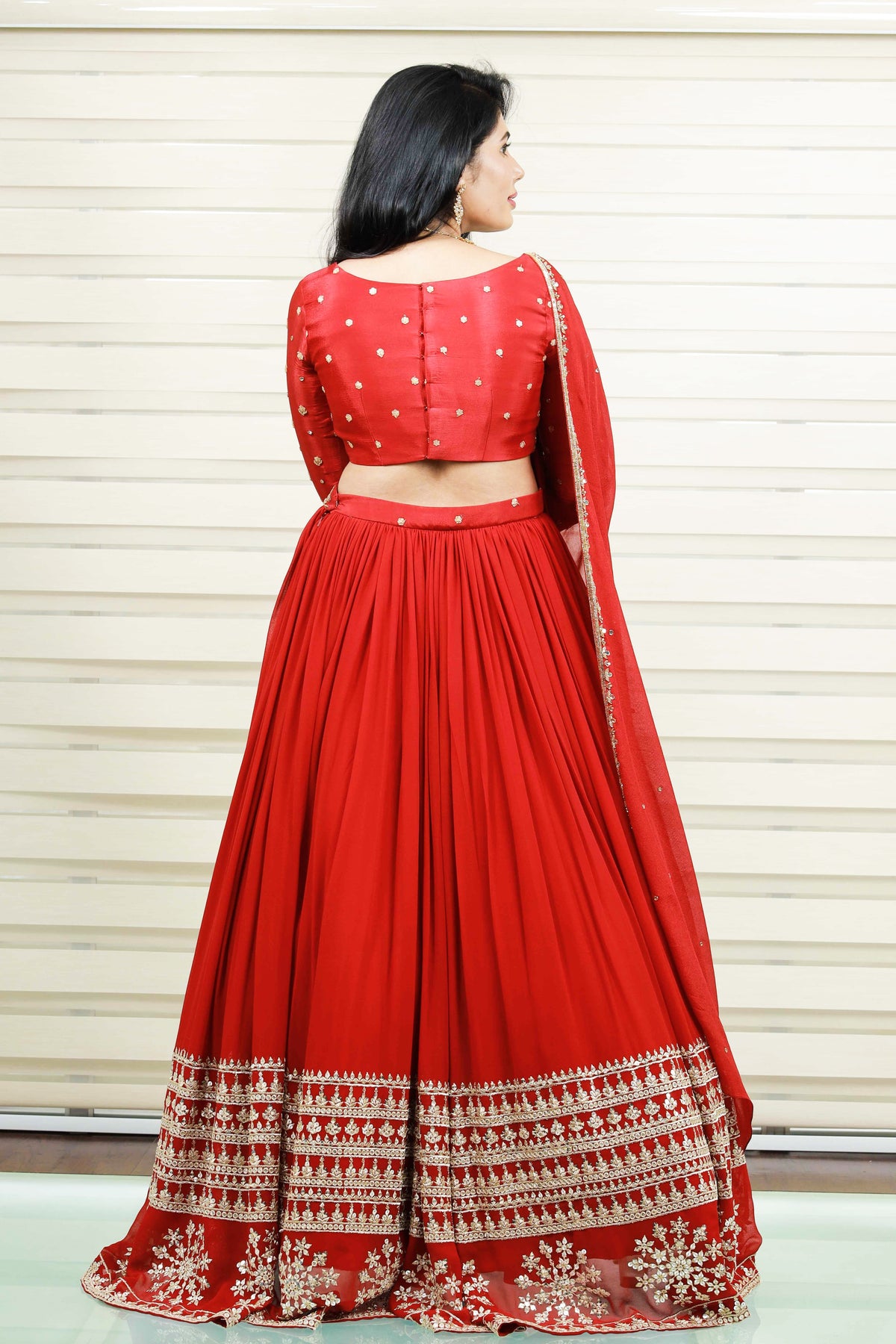 Cherry Red Lehenga Detailed with Golden Sequence & Thread Embroidery