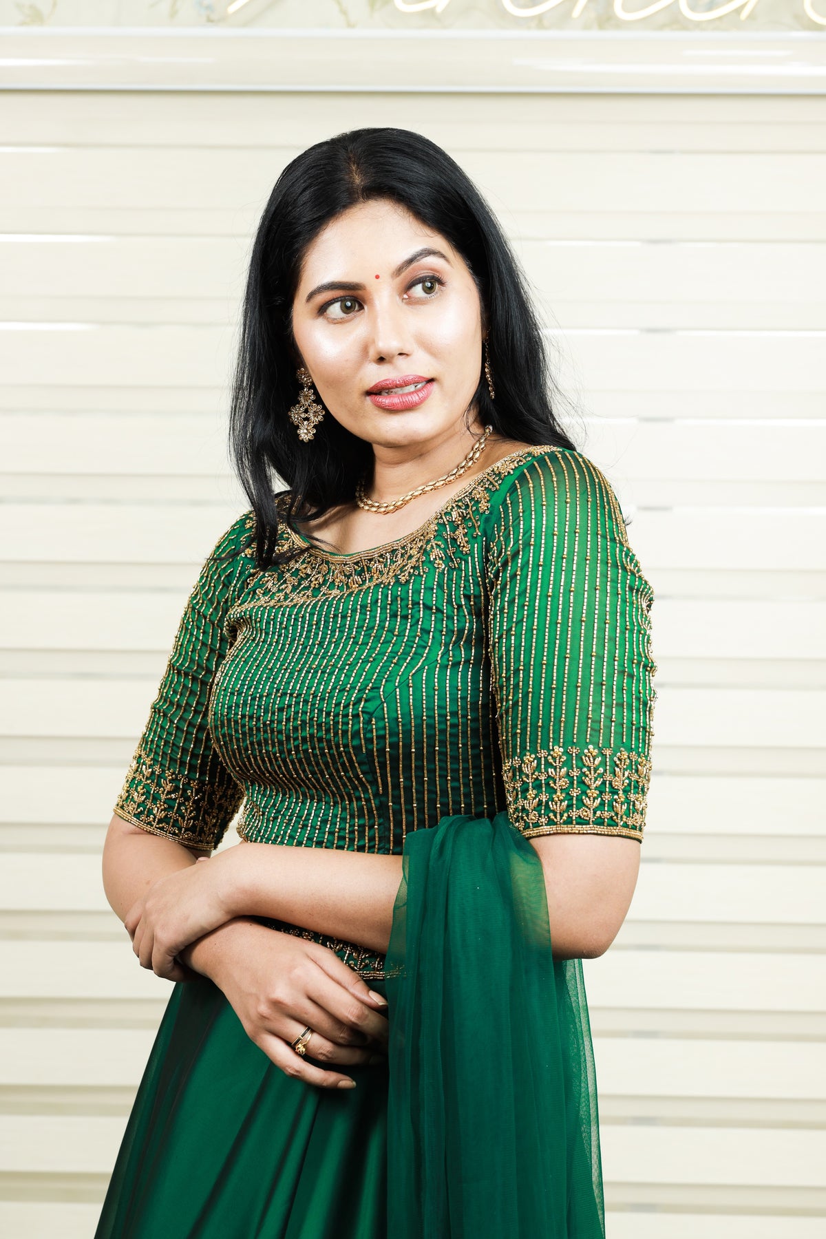 Dark Green Boat Neck Lehenga Detailed with Golden Bead Embroidery