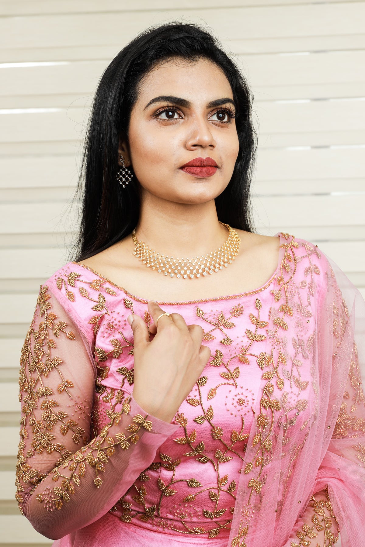 Ballet Pink Lehenga Detailed with Golden Bead Work