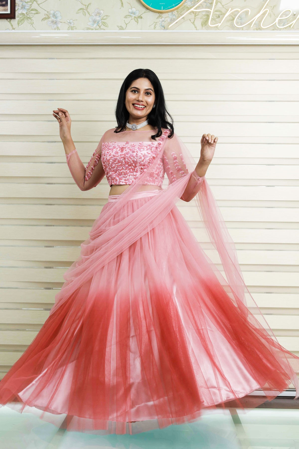 Ombre Tulle Lehenga with Heavy Floral Bead Detailing