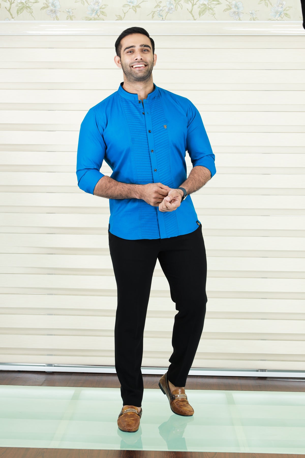 Saphire Blue Shirt with  Diagonal Tucks Detailing (Shirt + Black Pants)