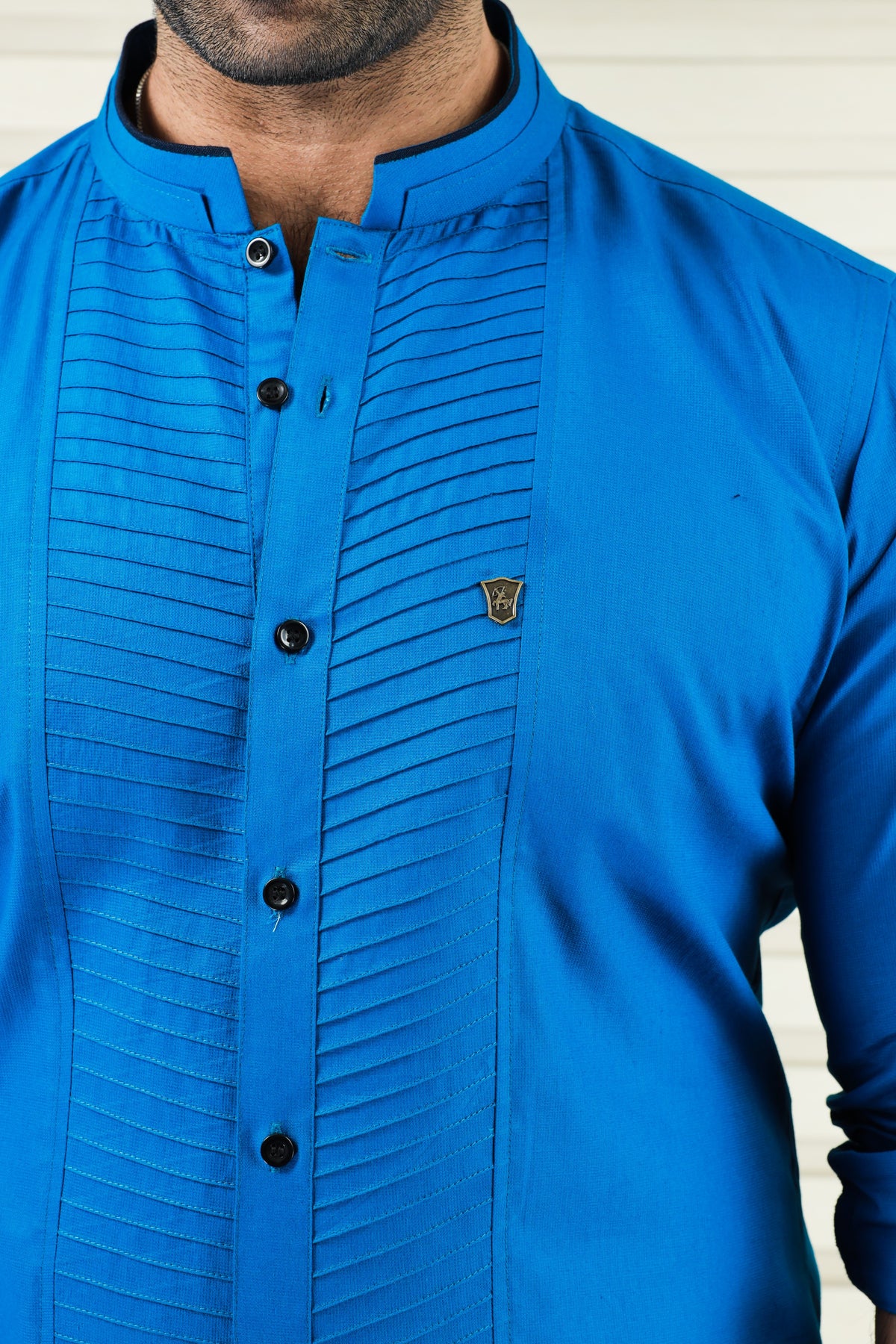 Saphire Blue Shirt with  Diagonal Tucks Detailing (Only Shirt)