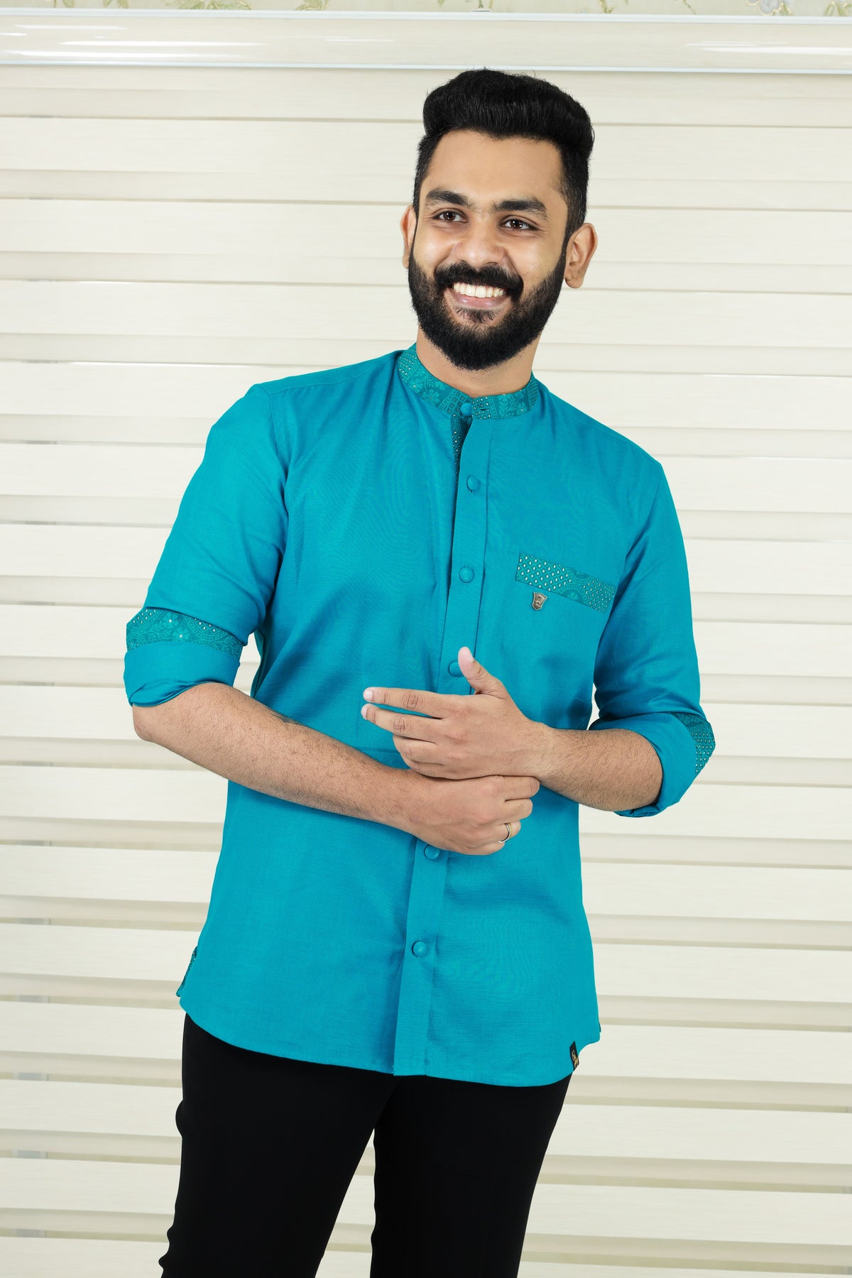 Teal Blue Chinese Collar Shirt with  Graffiti Blue Detailing on Neck, Pocket & Sleeves (Only Shirt)