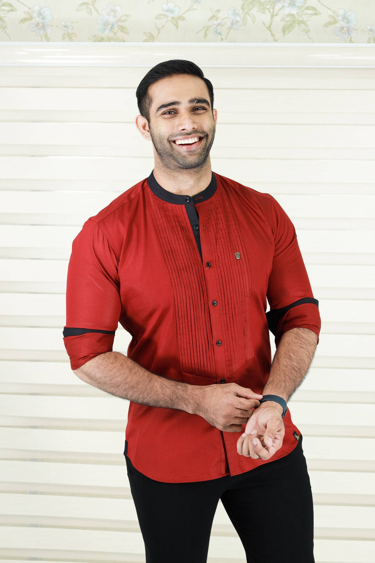 Cherry Red Vertical Pleated Shirt with Black Detailing on Neck, Cuff & Placket (Only Shirt)