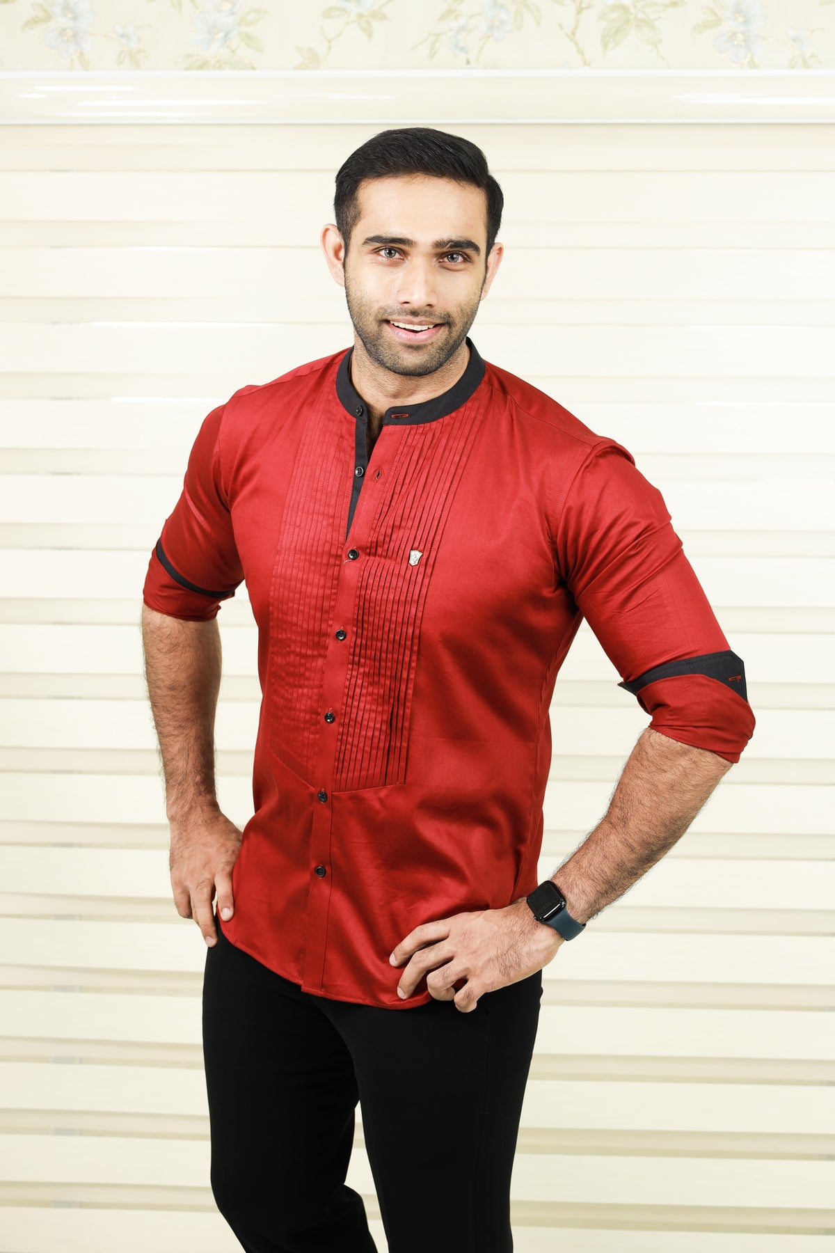 Cherry Red Vertical Pleated Shirt with Black Detailing on Neck, Cuff & Placket (Only Shirt)