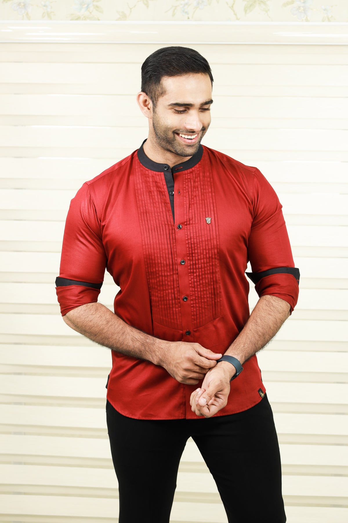 Cherry Red Vertical Pleated Shirt with Black Detailing on Neck, Cuff & Placket (Only Shirt)