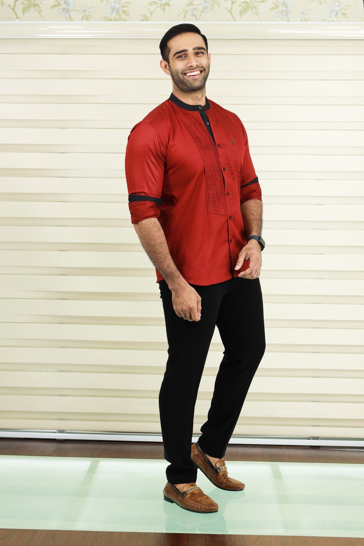 Cherry Red Vertical Pleated Shirt with Black Detailing on Neck, Cuff & Placket (Only Shirt)
