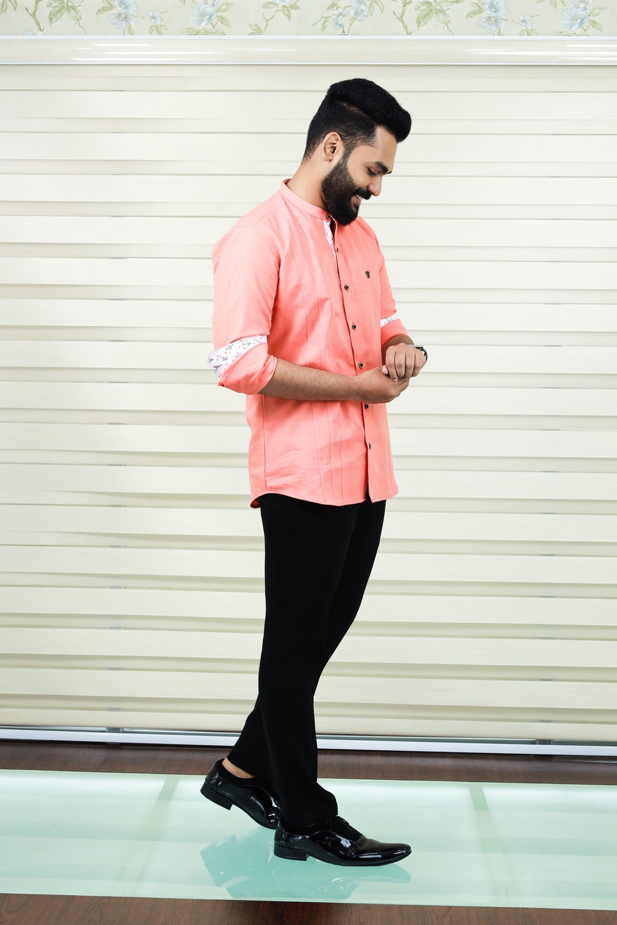 Peach Chinese Collar Linen Shirt with  Print Detailing on Neck, Placket & Sleeves (Only Shirt)