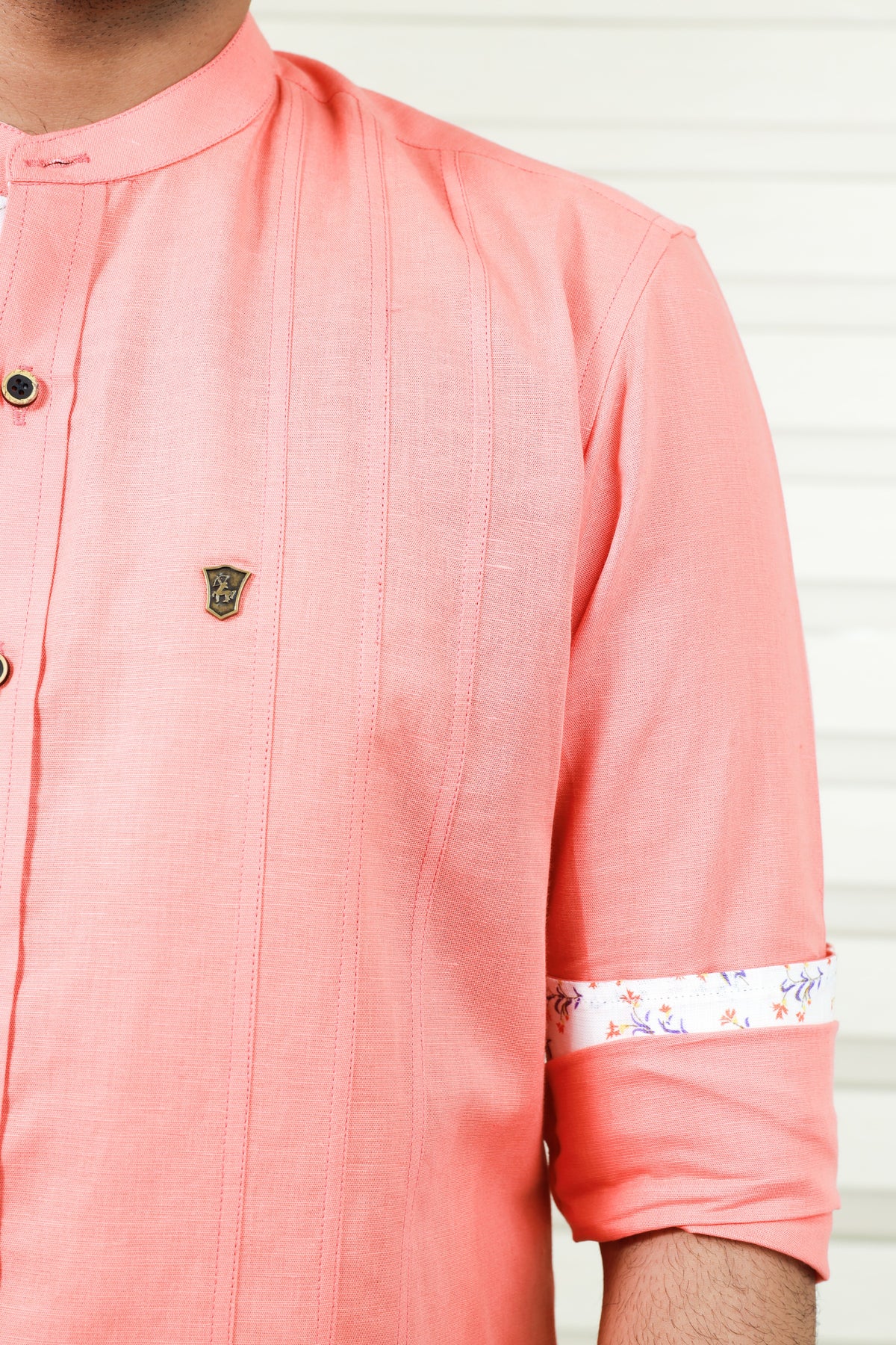 Peach Chinese Collar Linen Shirt with  Print Detailing on Neck, Placket & Sleeves (Only Shirt)