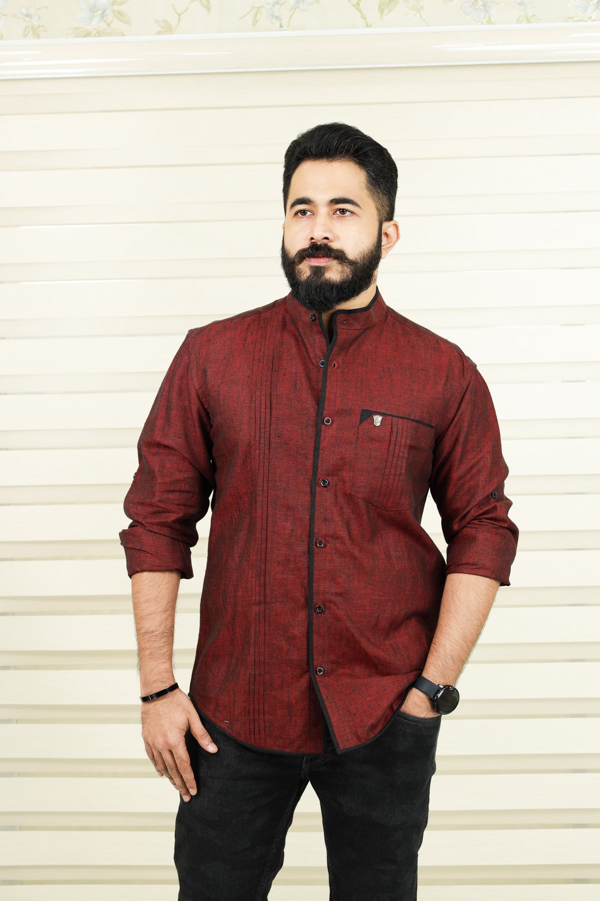 Garnet Maroon Red Linen Shirt with Black Pipping Detail on Placket & Pocket (Only Shirt)