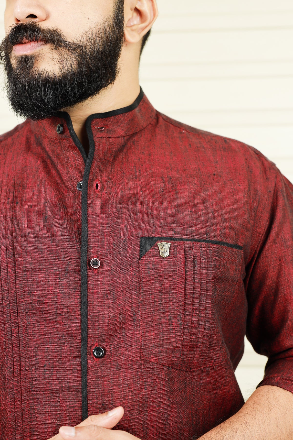 Garnet Maroon Red Linen Shirt with Black Pipping Detail on Placket & Pocket (Only Shirt)