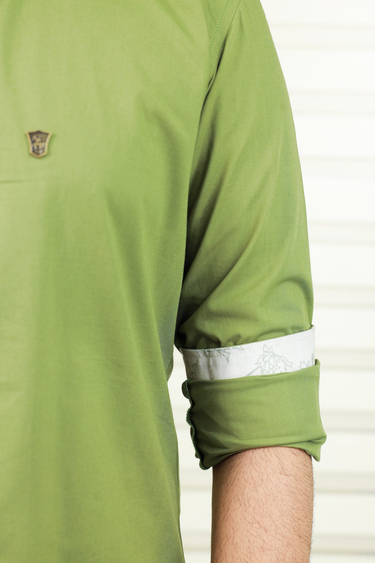Moss Green Chinese Collar Shirt With Print Detailing on Neck, Placket & Cuff (Only Shirt)