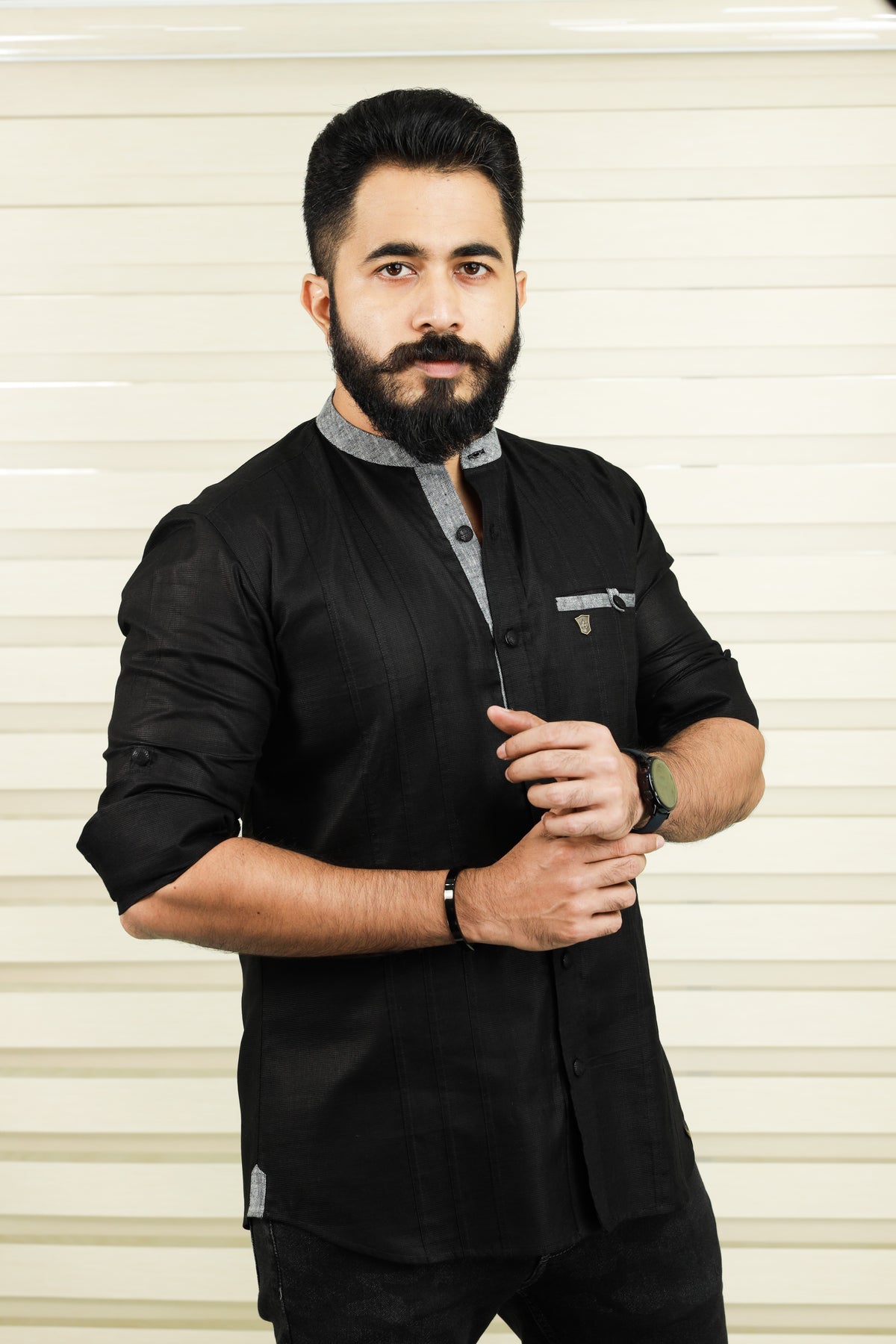 Jet Black Linen Shirt with Grey Contrast Detail on Neck, Placket & Pocket (Only Shirt)