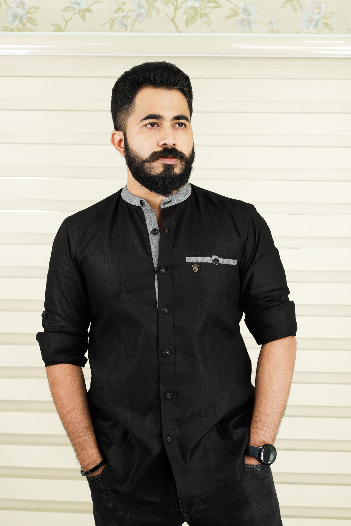 Jet Black Linen Shirt with Grey Contrast Detail on Neck, Placket & Pocket (Only Shirt)