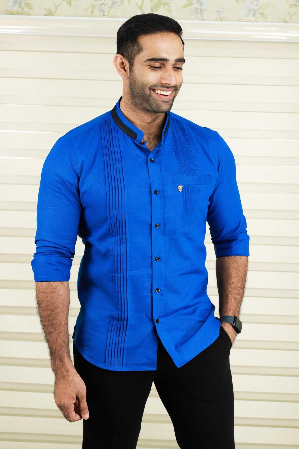 Cobalt Blue Shirt with Vertical Pleat Detail (Only Shirt)