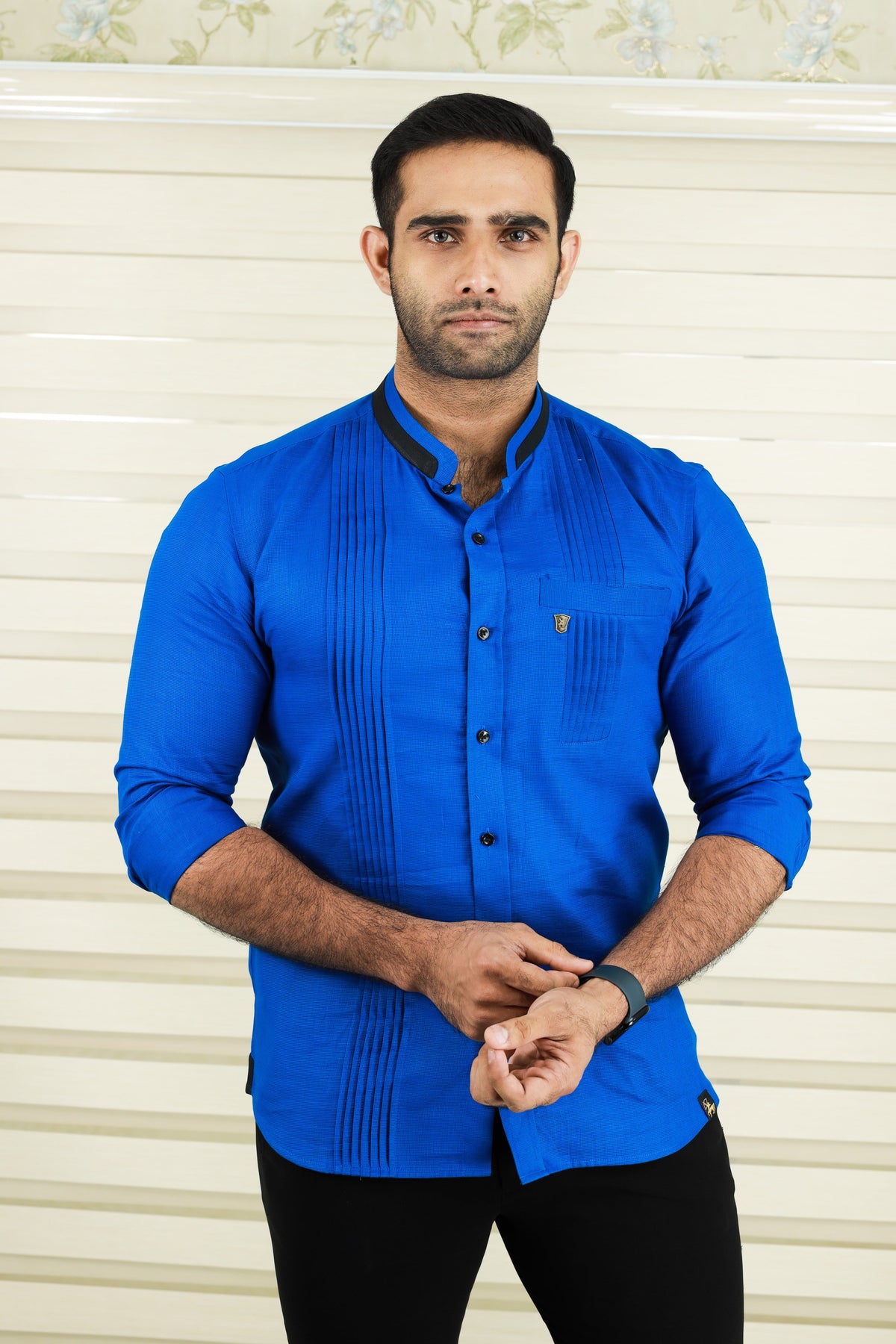Cobalt Blue Shirt with Vertical Pleat Detail (Shirt + Black Pants)